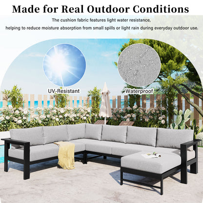 U-Shaped Outdoor Sectional Sofa - Grey Iron Frame, 5.9" Cushions