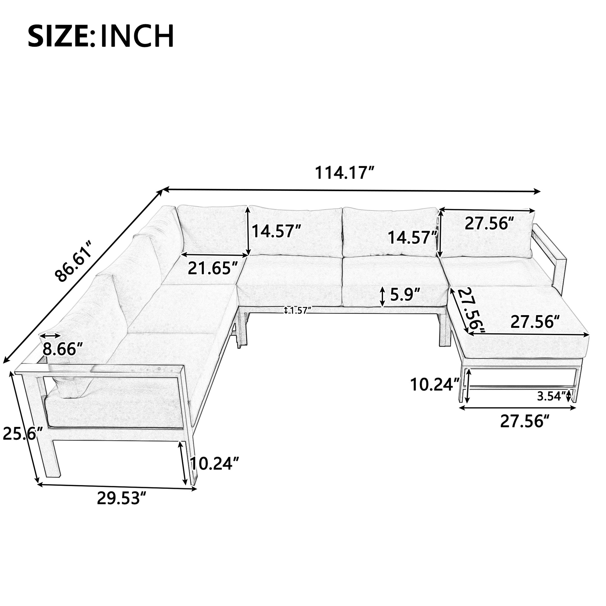 U-Shaped Outdoor Sectional Sofa - Grey Iron Frame, 5.9" Cushions