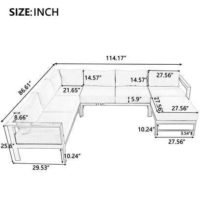 U-Shaped Outdoor Sectional Sofa - Grey Iron Frame, 5.9" Cushions
