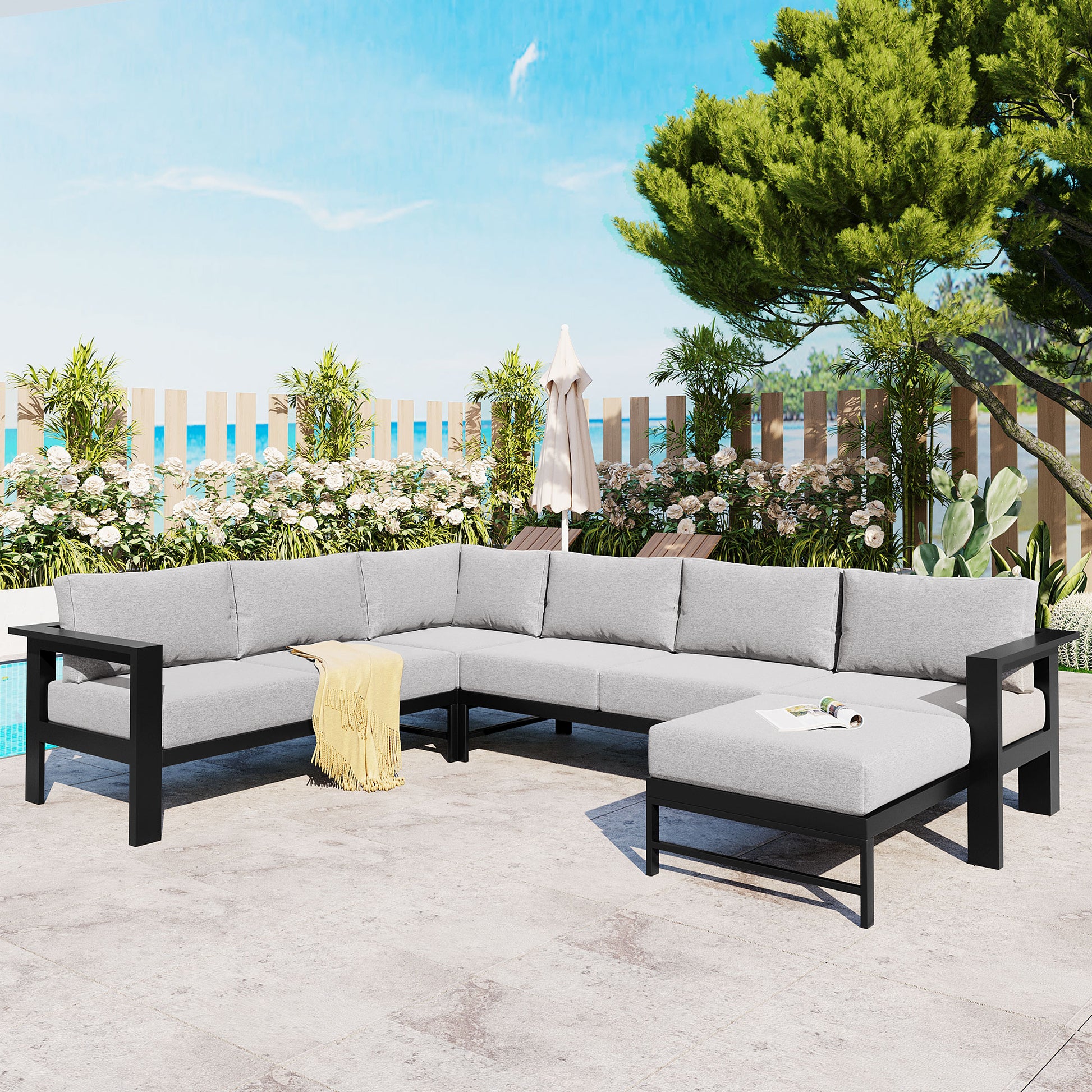 U_Style U-Shaped Outdoor Sectional Sofa Set with 5.9'' Ultra-Thick Cushions, All Weather 5-6 Seat Patio Conversation Sofa with Heavy-Duty Iron Frame,Suitable for Backyard, Garden,Poolside