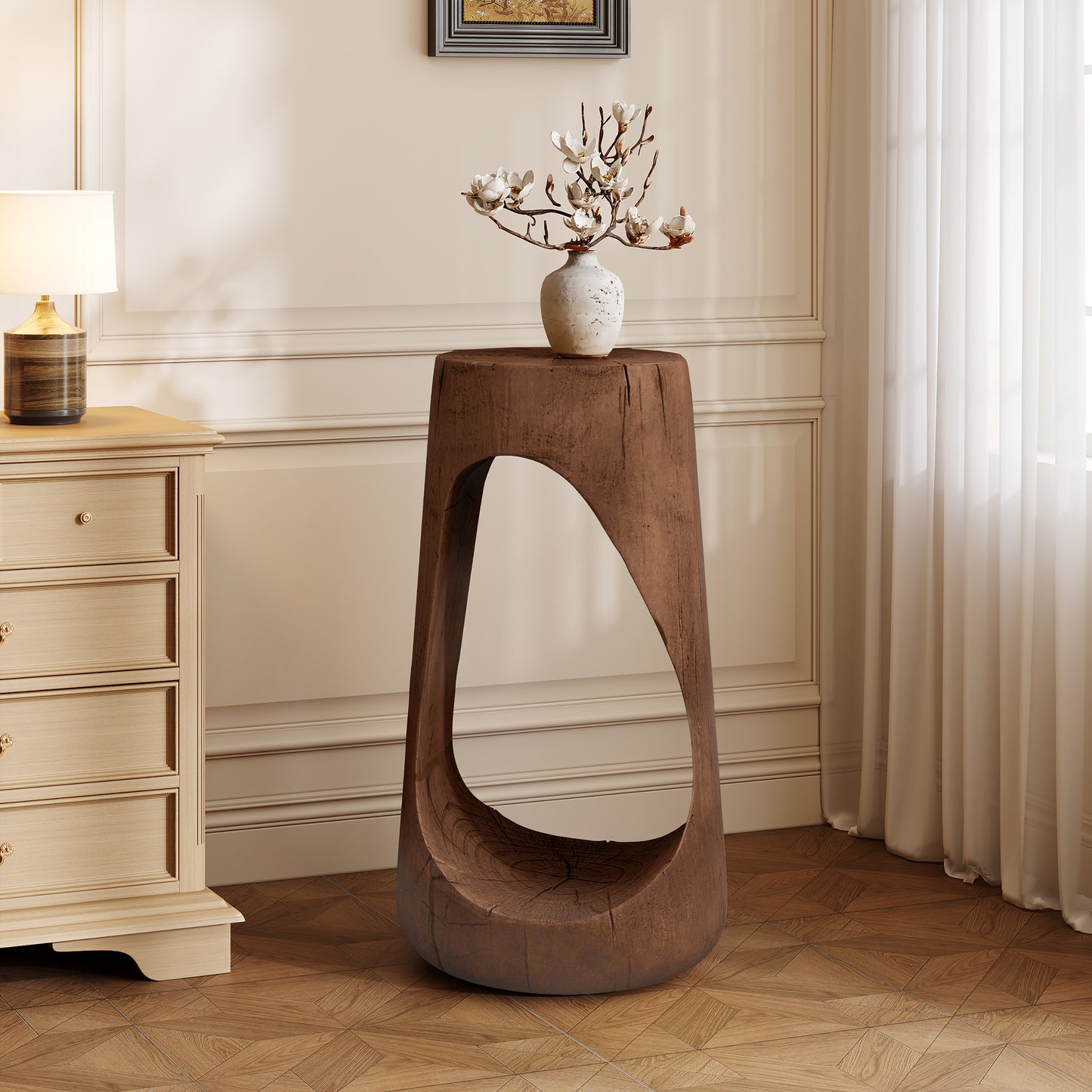 Hollow-Design Lightweight Concrete Outdoor Side Table with Antique Brown Wood-Look Finish