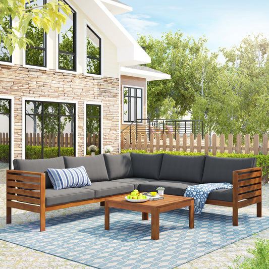 Acacia Wood Outdoor Sofa Set with Gray Cushions and Water-Resistant UV-Protected Fabric