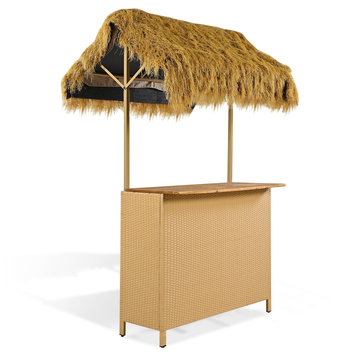 Hawaiian-Style Outdoor Bar Height Patio Set with PE Grass Canopy, Bar Table and Stools for Backyard Entertaining