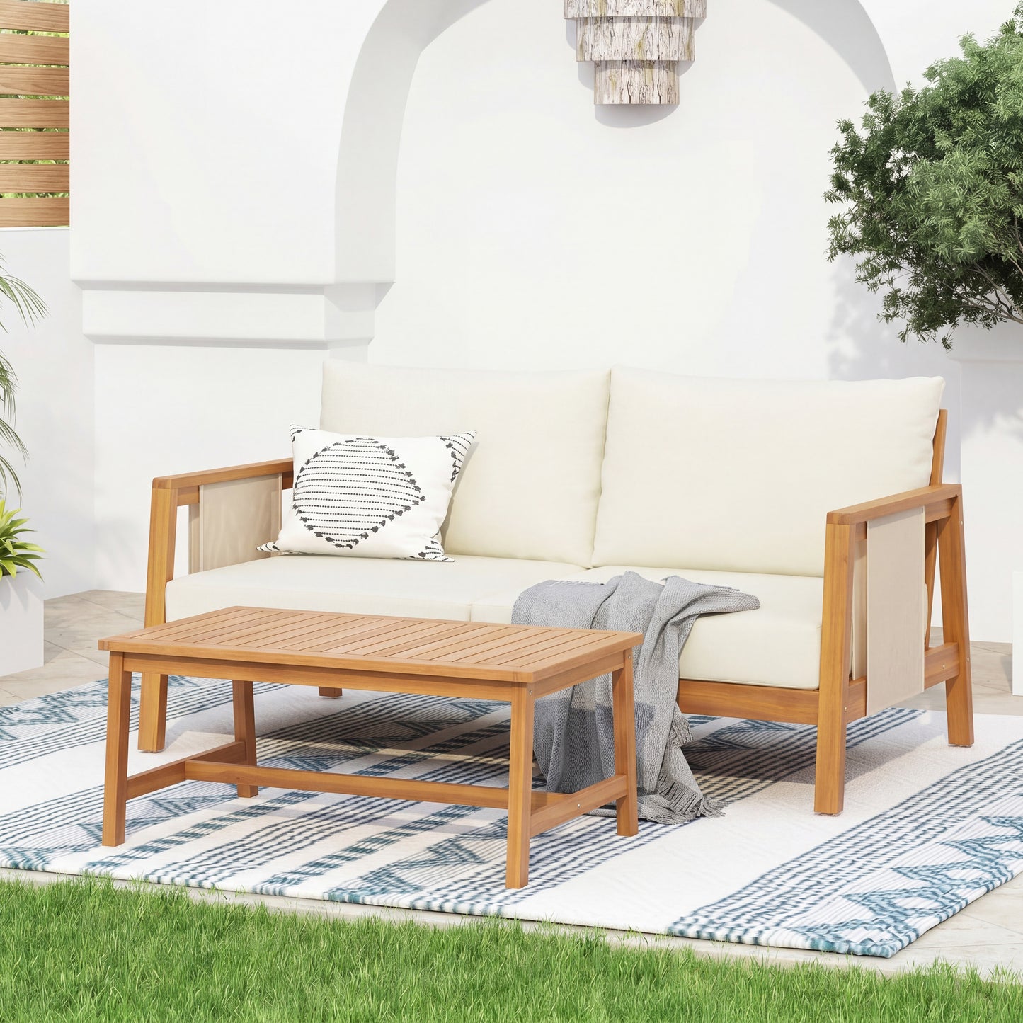 2-Piece Outdoor Loveseat and Coffee Table Set with Acacia Wood Frame and Beige Cushions