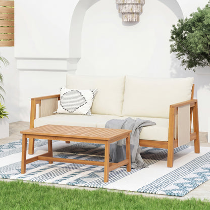 2-Piece Outdoor Loveseat and Coffee Table Set with Acacia Wood Frame and Beige Cushions