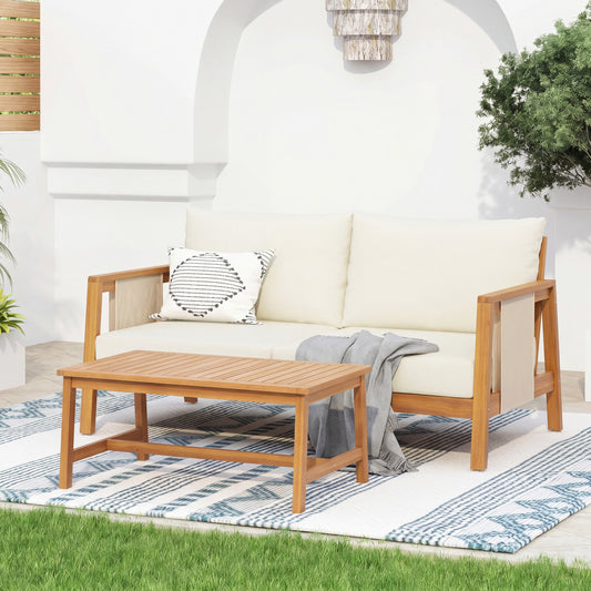 2-Piece Outdoor Loveseat and Coffee Table Set with Acacia Wood Frame and Beige Cushions