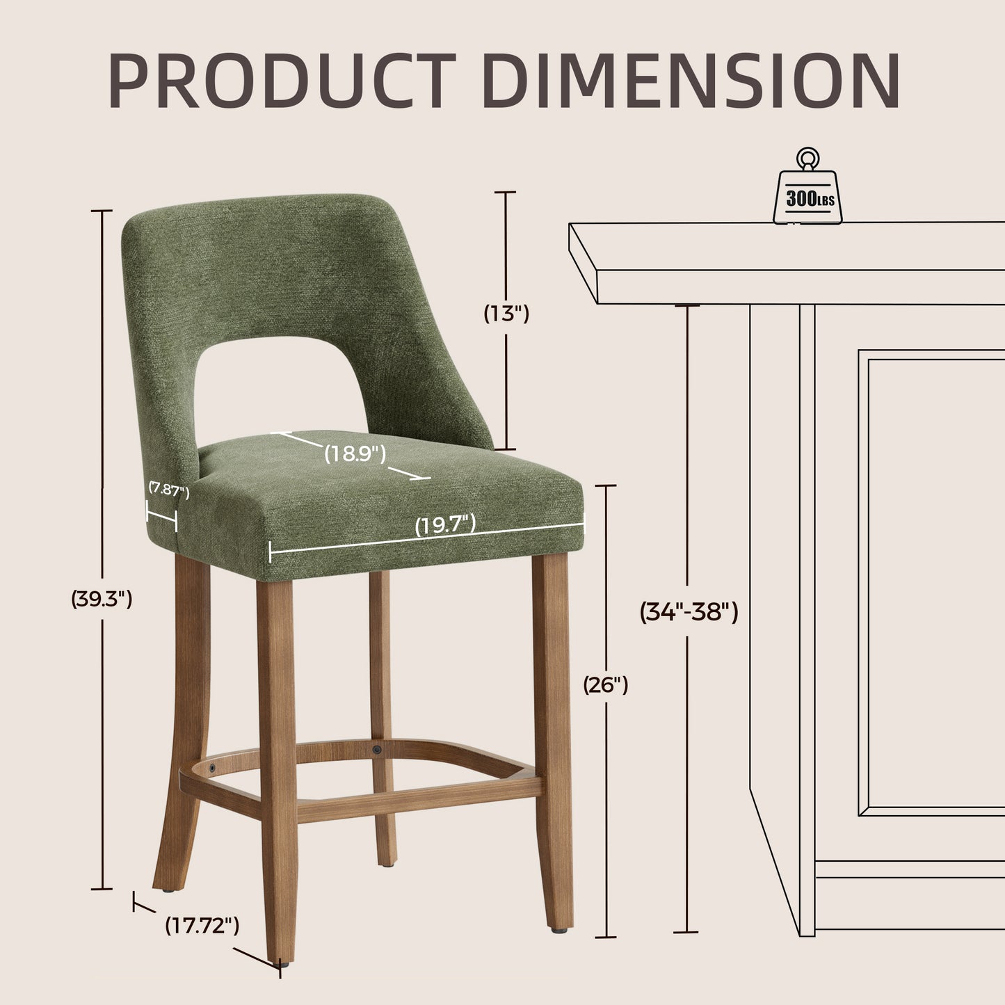 Bar Stools Set of 2, Upholstered Counter Height Bar Stools, Modern Counter Stools with Wood Legs for Kitchen Island Dining Room Bar