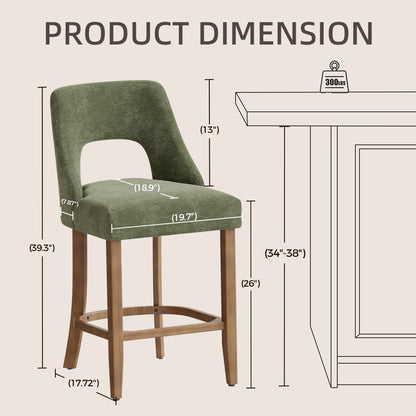Bar Stools Set of 2, Upholstered Counter Height Bar Stools, Modern Counter Stools with Wood Legs for Kitchen Island Dining Room Bar
