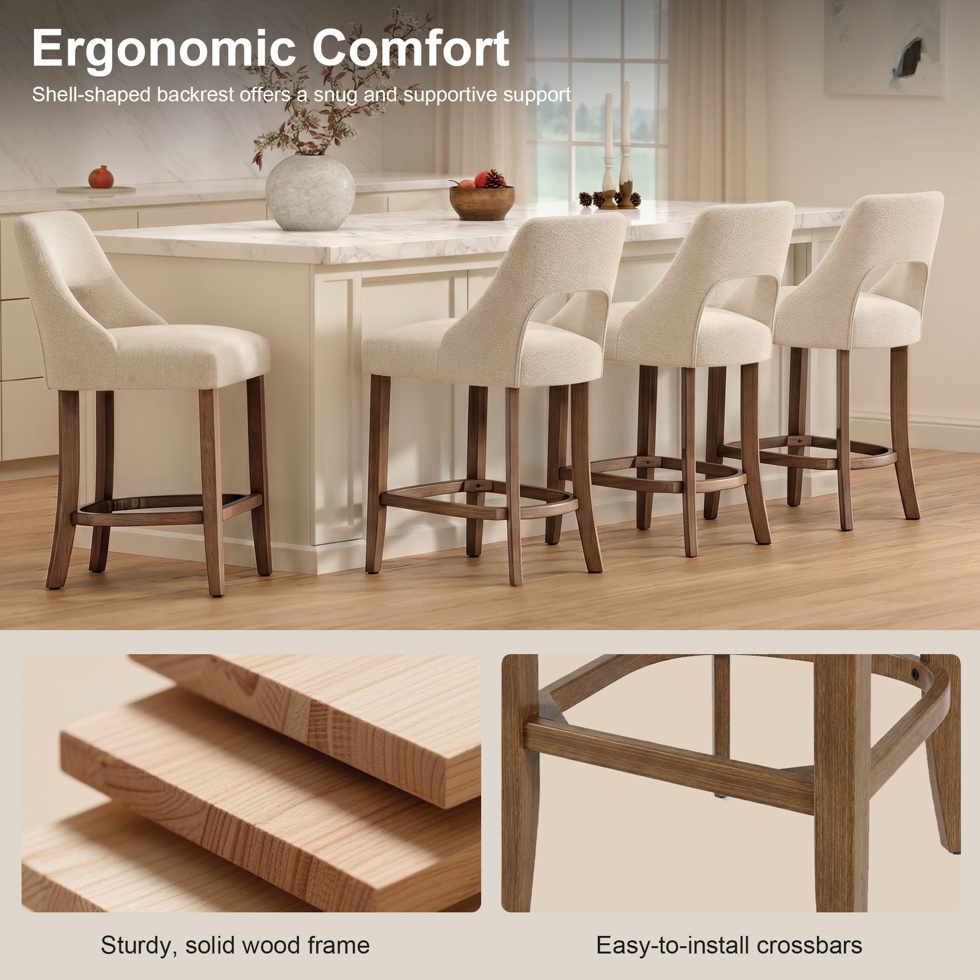 Bar Stools Set of 2, Upholstered Counter Height Bar Stools, Modern Counter Stools with Wood Legs for Kitchen Island Dining Room Bar