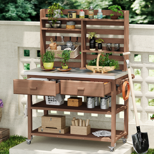 Brown 64.9-Inch Outdoor Potting Bench with Hutch, Stainless Steel Top, and Lockable Wheels
