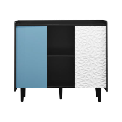 Sideboard Buffet Cabinet, Black Storage Cabinet with Red Doors , 2 Drawers with unique panel styling and 2 Open Storage Compartment, Modern Coffee Bar Cabinet Accent Cabinet for Kitchen, Dining Room,