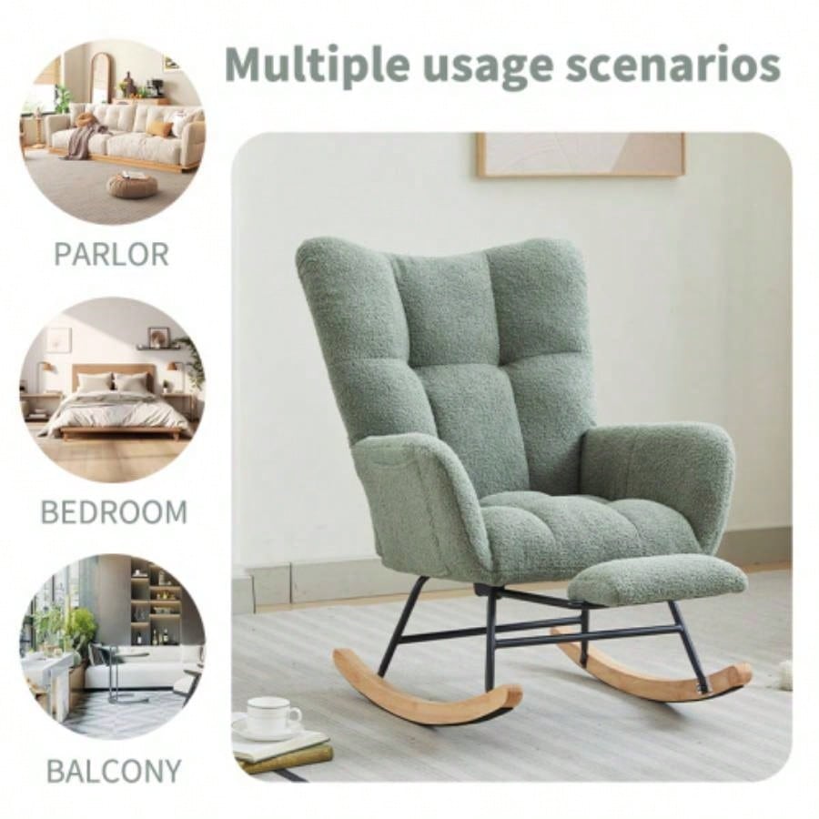 Modern Nursery Rocking Chair, Upholstered Glider Chair with High Backrest, Rocker Accent Armchair with Solid Wood Nursery Bedroom Living Room GREEN
