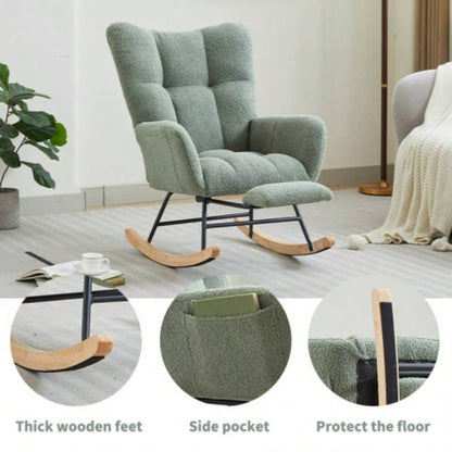 Modern Nursery Rocking Chair, Upholstered Glider Chair with High Backrest, Rocker Accent Armchair with Solid Wood Nursery Bedroom Living Room GREEN