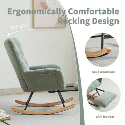Modern Nursery Rocking Chair, Upholstered Glider Chair with High Backrest, Rocker Accent Armchair with Solid Wood Nursery Bedroom Living Room GREEN