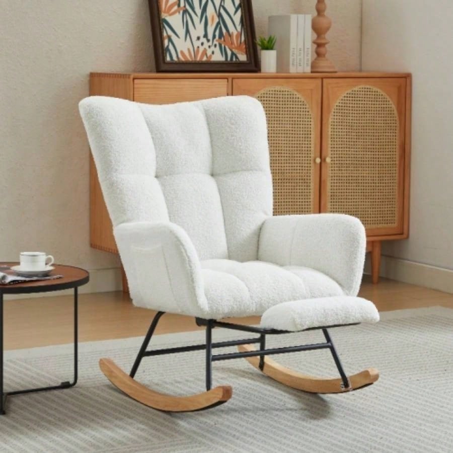 Modern Nursery Rocking Chair, Upholstered Glider Chair with High Backrest, Rocker Accent Armchair with Solid Wood Nursery Bedroom Living Room GREEN