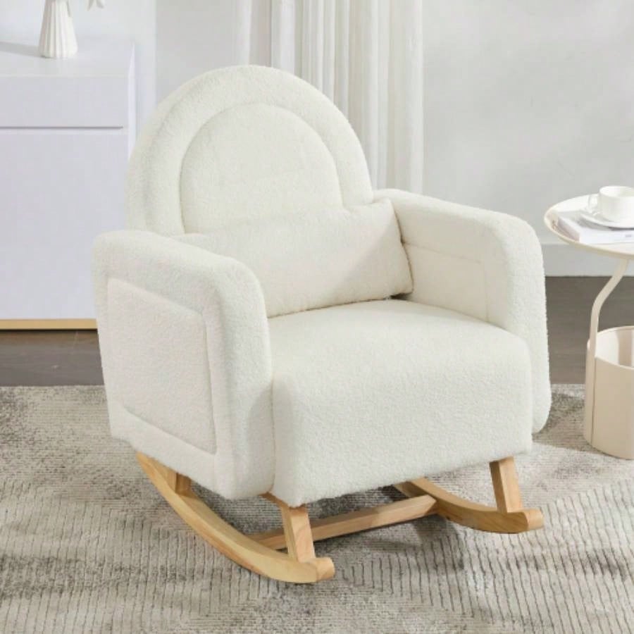 Accent Rocking Chair with Curved Back Pillow, Ultimate Comfort Your Home, Teddy Velvet, White