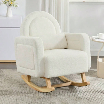 Accent Rocking Chair with Curved Back Pillow, Ultimate Comfort Your Home, Teddy Velvet, White