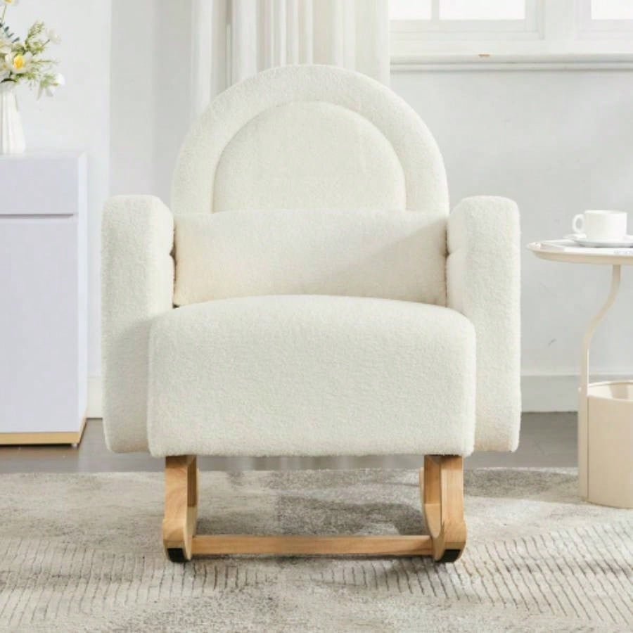 Accent Rocking Chair with Curved Back Pillow, Ultimate Comfort Your Home, Teddy Velvet, White