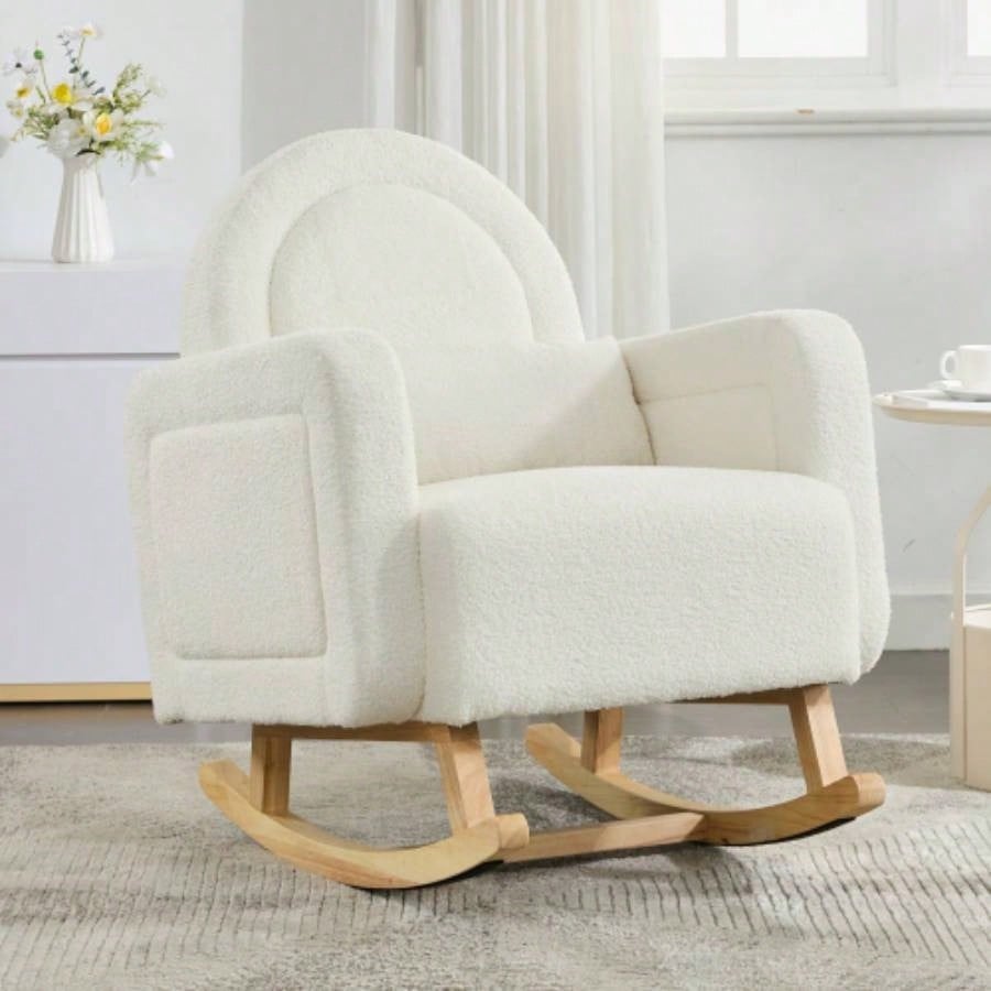 Accent Rocking Chair with Curved Back Pillow, Ultimate Comfort Your Home, Teddy Velvet, White