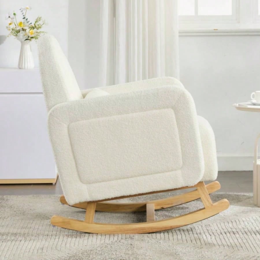 Accent Rocking Chair with Curved Back Pillow, Ultimate Comfort Your Home, Teddy Velvet, White
