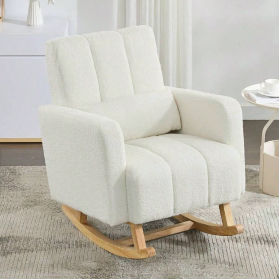 Accent Rocking Chair with Curved Back Pillow, Ultimate Comfort Your Home, Teddy Velvet, White