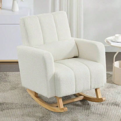Accent Rocking Chair with Curved Back Pillow, Ultimate Comfort Your Home, Teddy Velvet, White