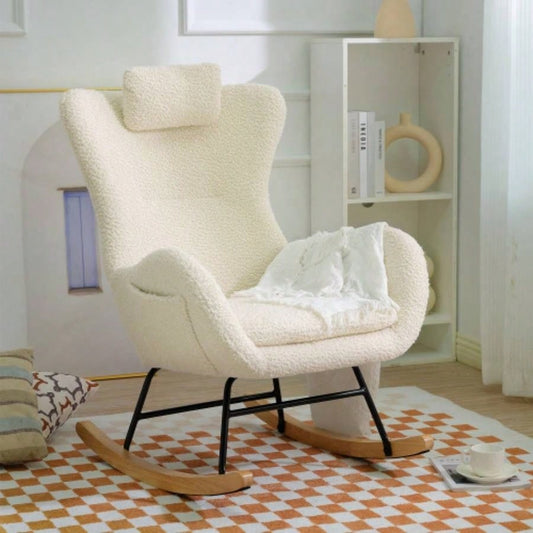 Rocking Chair Nursery, Teddy Upholstered Rocker Glider Chair with High Backrest, Adjustable Headrest Pocket, Comfy Glider Chair Nursery, Bedroom, Living Room, Offices, Rubber wood, beige
