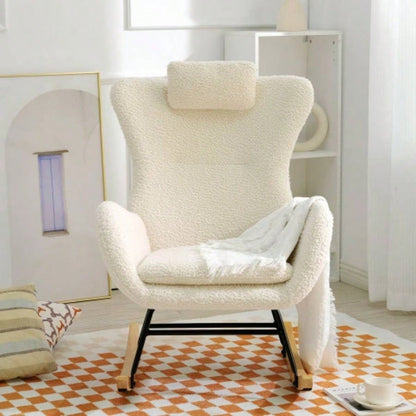 Rocking Chair Nursery, Teddy Upholstered Rocker Glider Chair with High Backrest, Adjustable Headrest Pocket, Comfy Glider Chair Nursery, Bedroom, Living Room, Offices, Rubber wood, beige