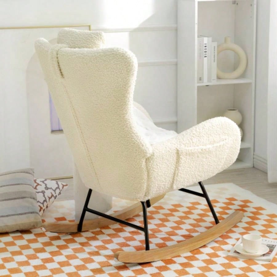 Rocking Chair Nursery, Teddy Upholstered Rocker Glider Chair with High Backrest, Adjustable Headrest Pocket, Comfy Glider Chair Nursery, Bedroom, Living Room, Offices, Rubber wood, beige