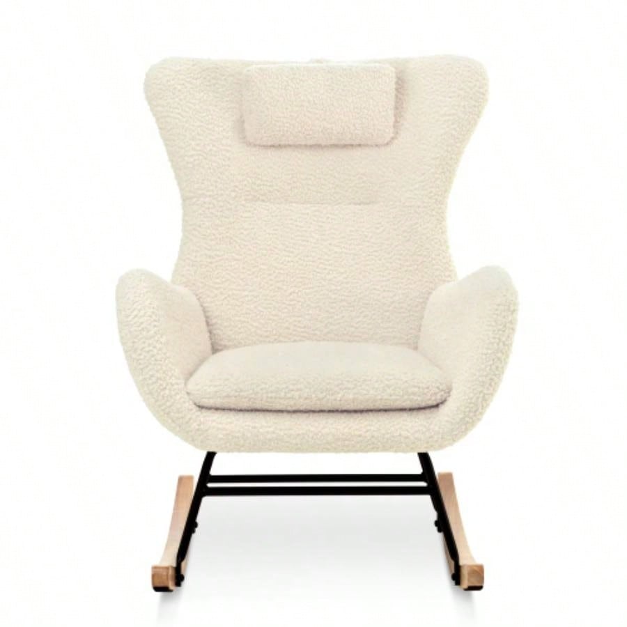 Rocking Chair Nursery, Teddy Upholstered Rocker Glider Chair with High Backrest, Adjustable Headrest Pocket, Comfy Glider Chair Nursery, Bedroom, Living Room, Offices, Rubber wood, beige