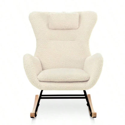 Rocking Chair Nursery, Teddy Upholstered Rocker Glider Chair with High Backrest, Adjustable Headrest Pocket, Comfy Glider Chair Nursery, Bedroom, Living Room, Offices, Rubber wood, beige