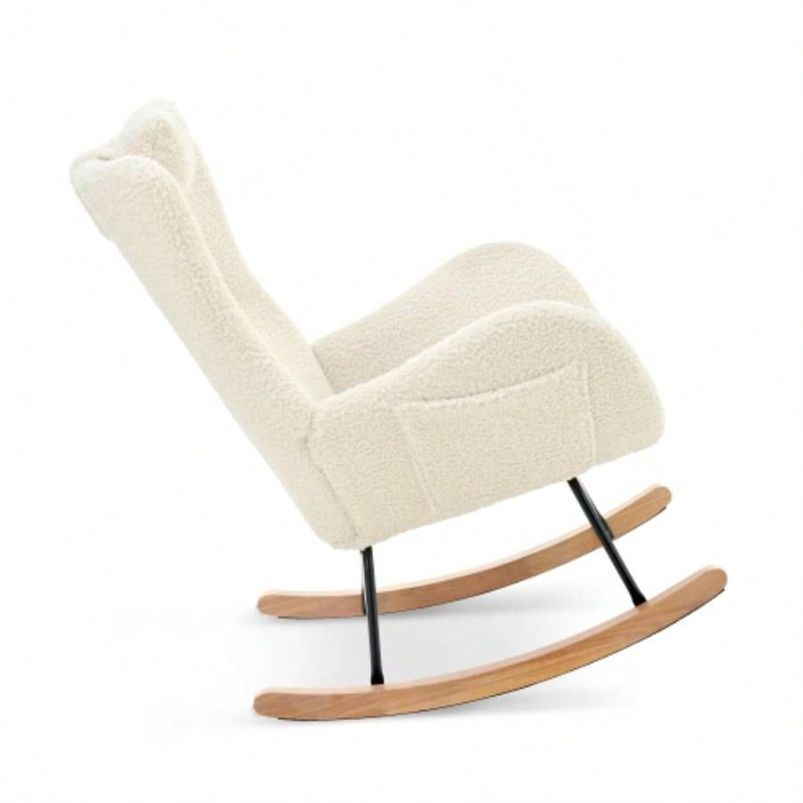 Rocking Chair Nursery, Teddy Upholstered Rocker Glider Chair with High Backrest, Adjustable Headrest Pocket, Comfy Glider Chair Nursery, Bedroom, Living Room, Offices, Rubber wood, beige