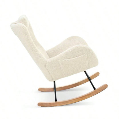 Rocking Chair Nursery, Teddy Upholstered Rocker Glider Chair with High Backrest, Adjustable Headrest Pocket, Comfy Glider Chair Nursery, Bedroom, Living Room, Offices, Rubber wood, beige