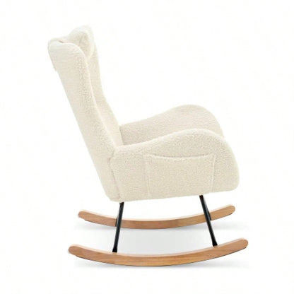 Rocking Chair Nursery, Teddy Upholstered Rocker Glider Chair with High Backrest, Adjustable Headrest Pocket, Comfy Glider Chair Nursery, Bedroom, Living Room, Offices, Rubber wood, beige
