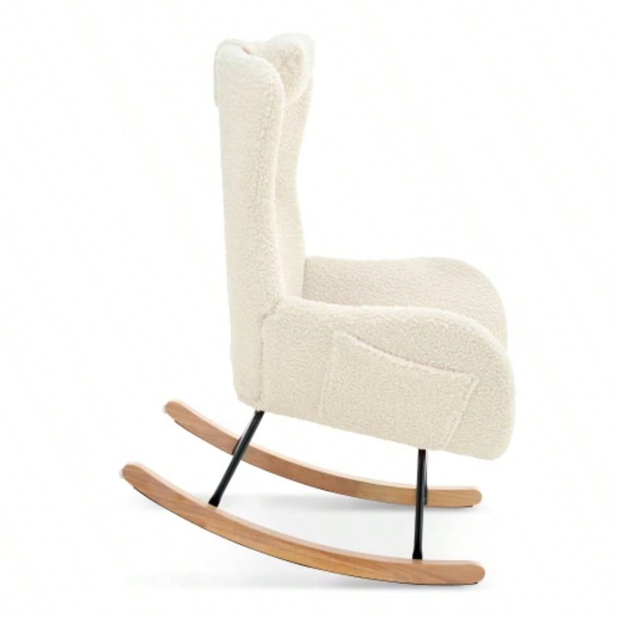 Rocking Chair Nursery, Teddy Upholstered Rocker Glider Chair with High Backrest, Adjustable Headrest Pocket, Comfy Glider Chair Nursery, Bedroom, Living Room, Offices, Rubber wood, beige