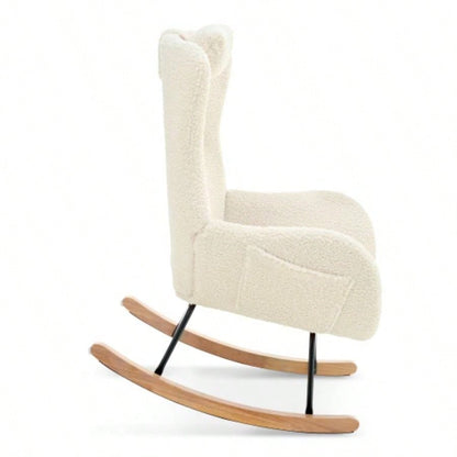 Rocking Chair Nursery, Teddy Upholstered Rocker Glider Chair with High Backrest, Adjustable Headrest Pocket, Comfy Glider Chair Nursery, Bedroom, Living Room, Offices, Rubber wood, beige