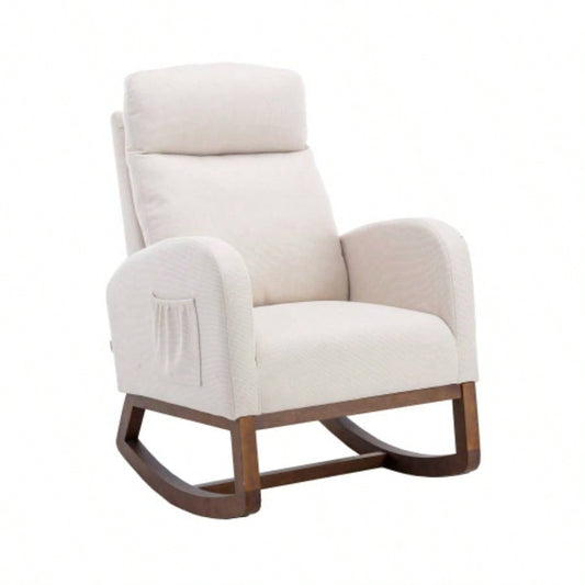 Rocking Chair, Modern Glider Chair, Recliner Armchair with Wood and Side Pocket, Nursery Rocking Accent Chair with High Back Living Room Bedroom Beige linen