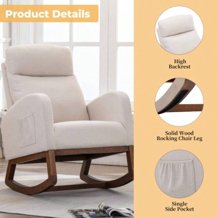 Rocking Chair, Modern Glider Chair, Recliner Armchair with Wood and Side Pocket, Nursery Rocking Accent Chair with High Back Living Room Bedroom Beige linen