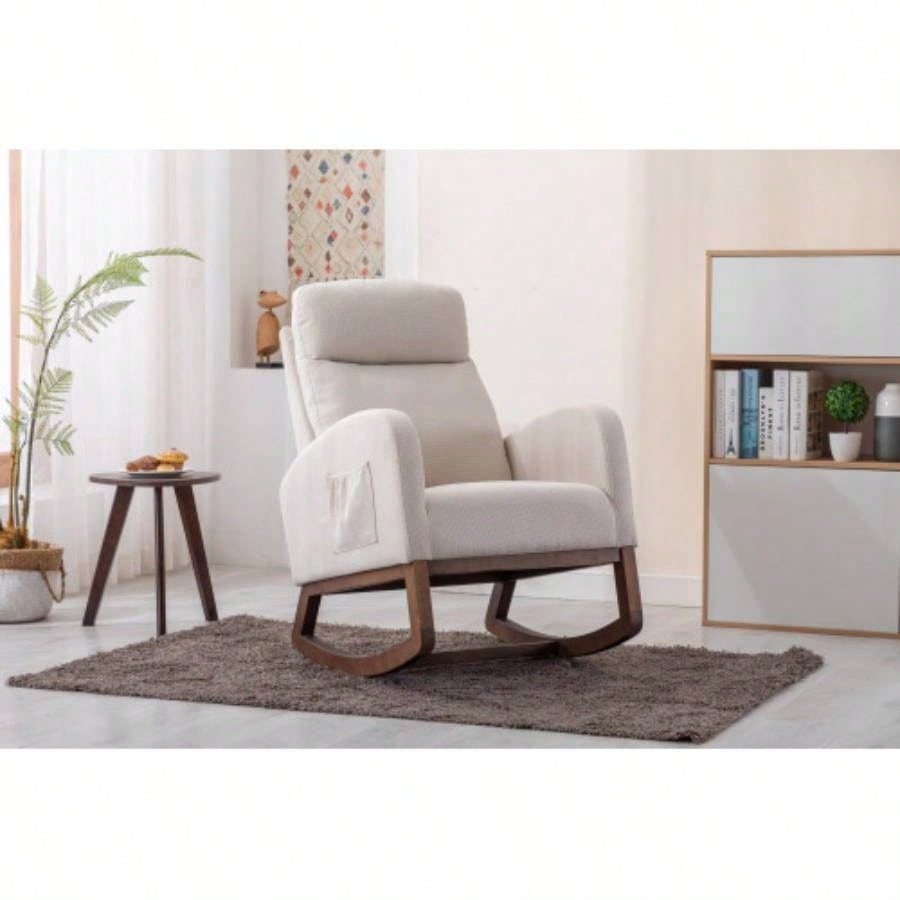 Rocking Chair, Modern Glider Chair, Recliner Armchair with Wood and Side Pocket, Nursery Rocking Accent Chair with High Back Living Room Bedroom Beige linen