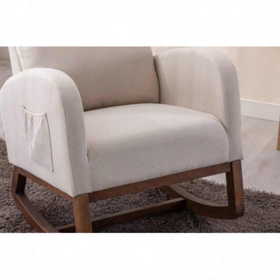 Rocking Chair, Modern Glider Chair, Recliner Armchair with Wood and Side Pocket, Nursery Rocking Accent Chair with High Back Living Room Bedroom Beige linen