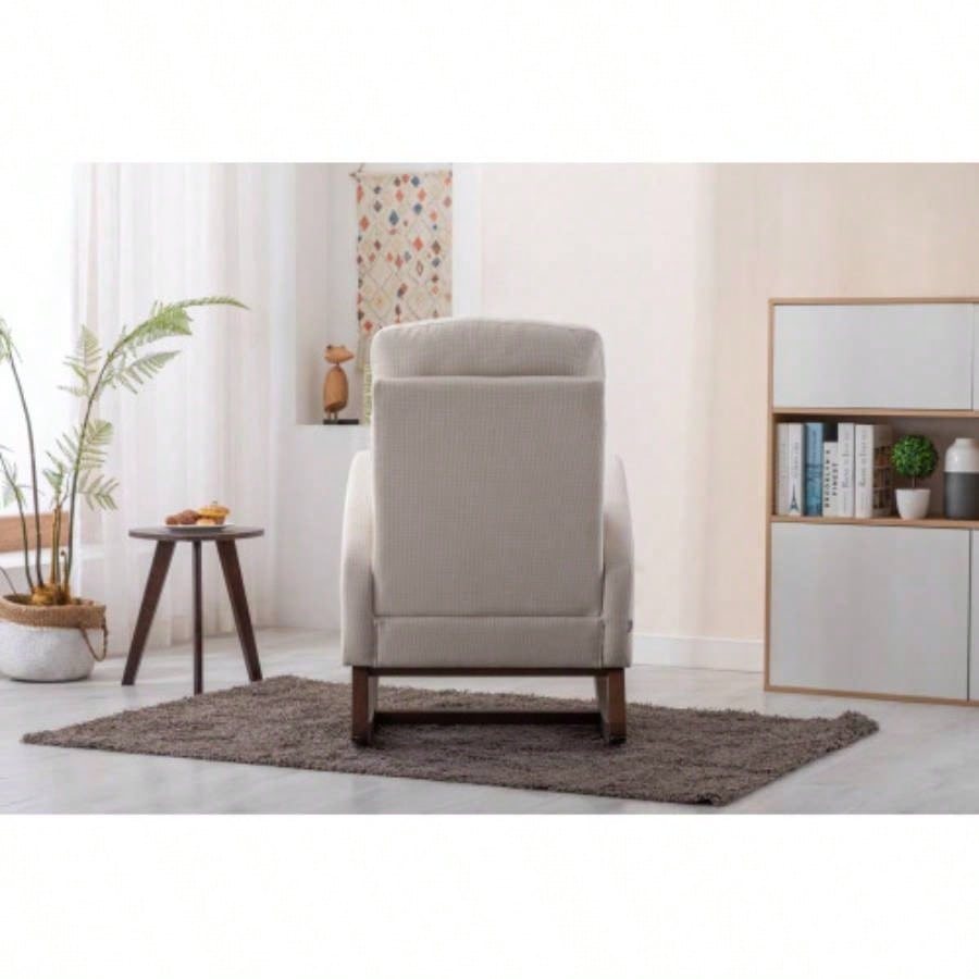 Rocking Chair, Modern Glider Chair, Recliner Armchair with Wood and Side Pocket, Nursery Rocking Accent Chair with High Back Living Room Bedroom Beige linen