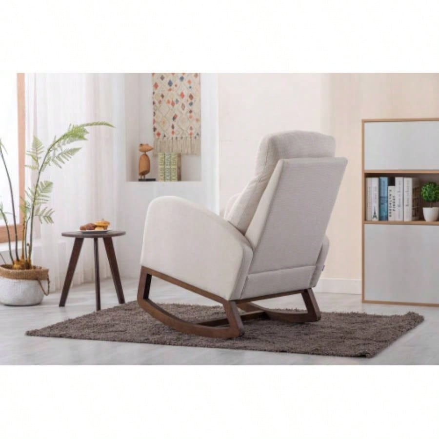 Rocking Chair, Modern Glider Chair, Recliner Armchair with Wood and Side Pocket, Nursery Rocking Accent Chair with High Back Living Room Bedroom Beige linen