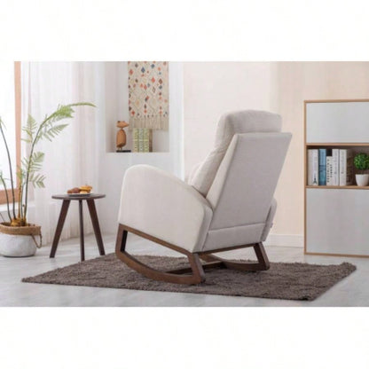 Rocking Chair, Modern Glider Chair, Recliner Armchair with Wood and Side Pocket, Nursery Rocking Accent Chair with High Back Living Room Bedroom Beige linen