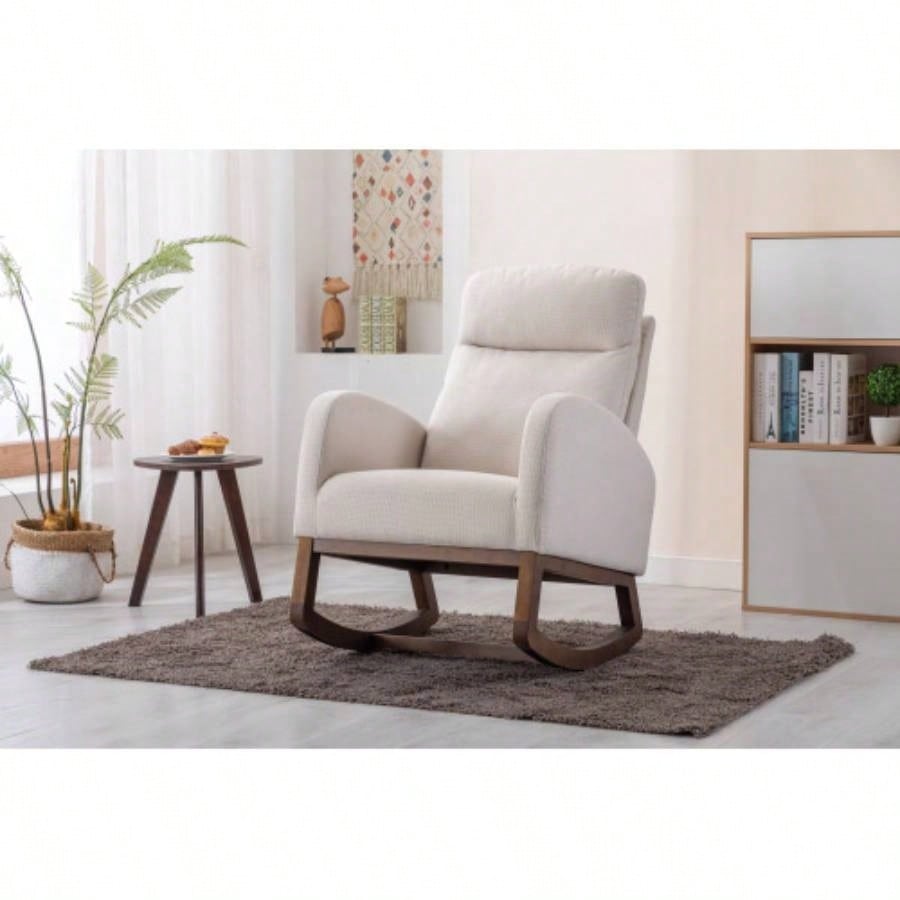 Rocking Chair, Modern Glider Chair, Recliner Armchair with Wood and Side Pocket, Nursery Rocking Accent Chair with High Back Living Room Bedroom Beige linen