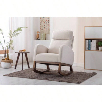 Rocking Chair, Modern Glider Chair, Recliner Armchair with Wood and Side Pocket, Nursery Rocking Accent Chair with High Back Living Room Bedroom Beige linen