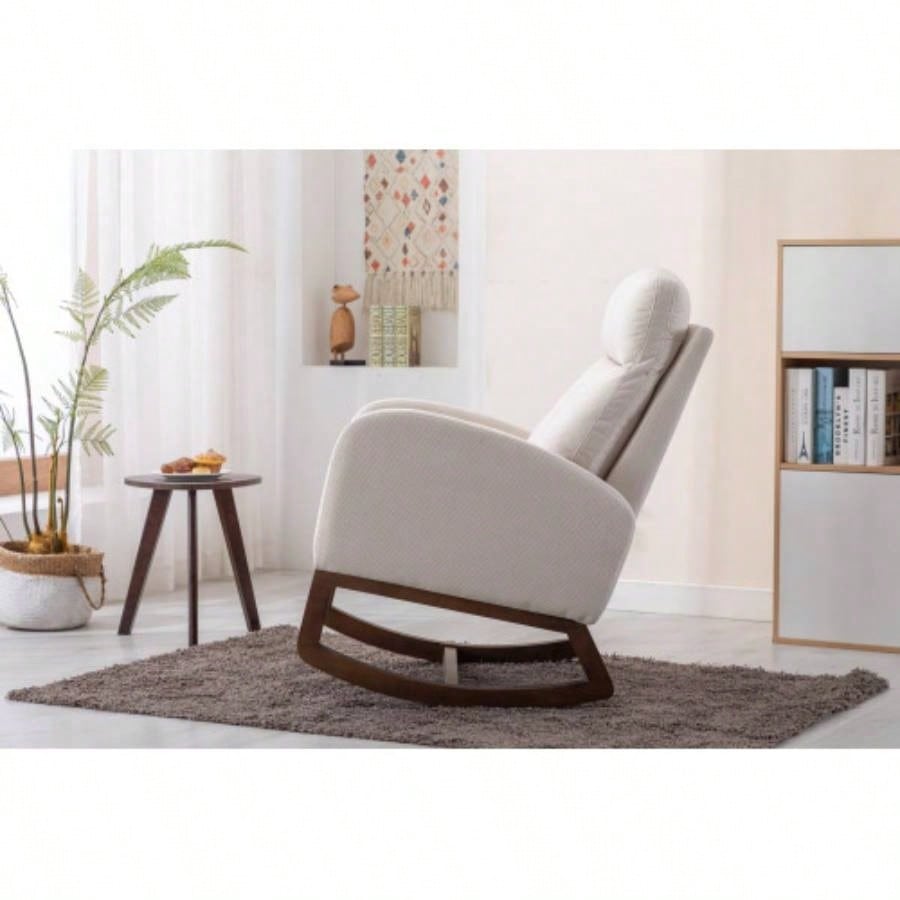 Rocking Chair, Modern Glider Chair, Recliner Armchair with Wood and Side Pocket, Nursery Rocking Accent Chair with High Back Living Room Bedroom Beige linen