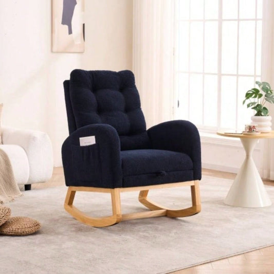LY - 5104 Accent Rocking Chair with Footrest Storage Pocket, Deep Navy Blue High - Back Rocker, Rubber Wood Lounge Chair Nursery Living Room, 38.36x 26.77Dx 39.76H