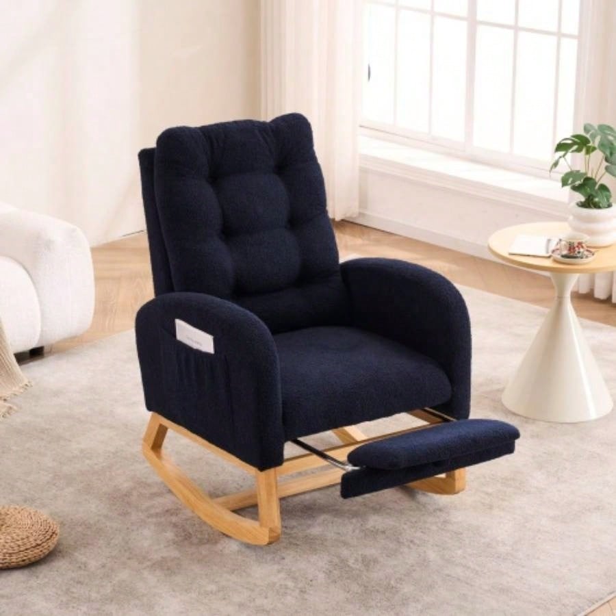 LY - 5104 Accent Rocking Chair with Footrest Storage Pocket, Deep Navy Blue High - Back Rocker, Rubber Wood Lounge Chair Nursery Living Room, 38.36x 26.77Dx 39.76H