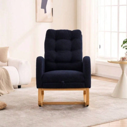 LY - 5104 Accent Rocking Chair with Footrest Storage Pocket, Deep Navy Blue High - Back Rocker, Rubber Wood Lounge Chair Nursery Living Room, 38.36x 26.77Dx 39.76H