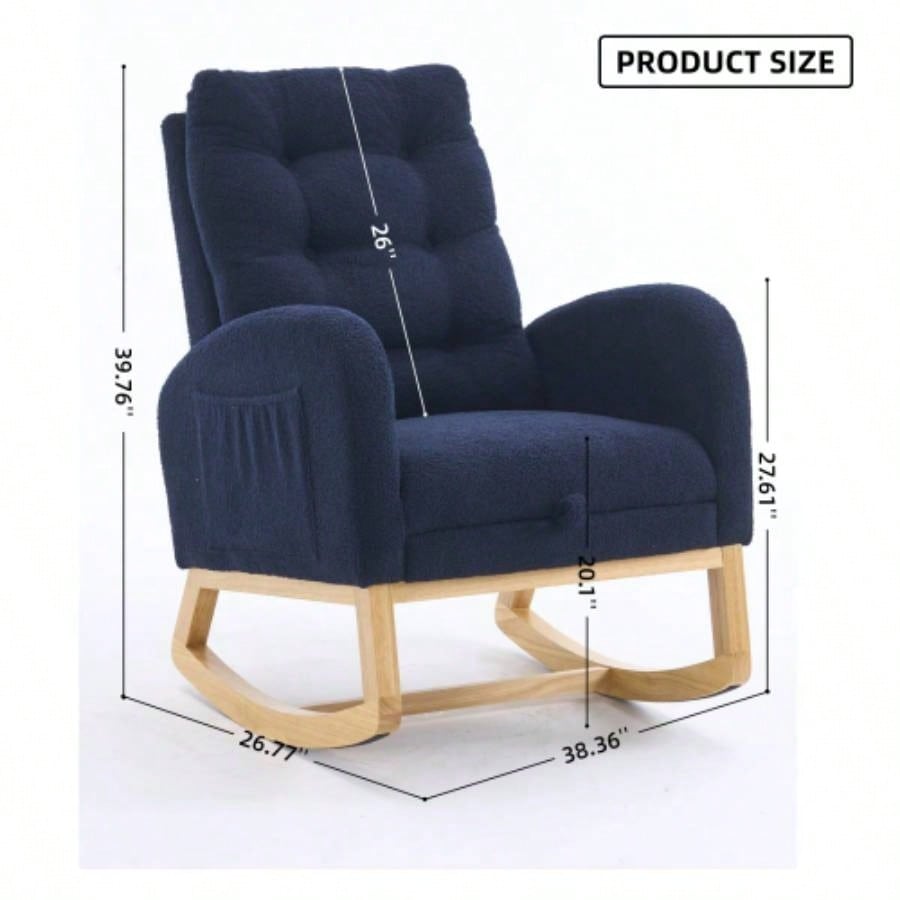 LY - 5104 Accent Rocking Chair with Footrest Storage Pocket, Deep Navy Blue High - Back Rocker, Rubber Wood Lounge Chair Nursery Living Room, 38.36x 26.77Dx 39.76H